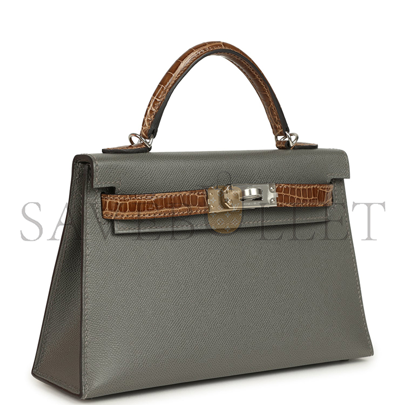 HERMÈS MASTER MINI KELLY SELLIER GRIS MEYER MADAME AND FICELLE SHINY ALLIGATOR TOUCH PALLADIUM HARDWARE (19*12*5.5cm) 